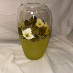 Vase. Hand painted floral design. Frosted green with white and gold flowers.